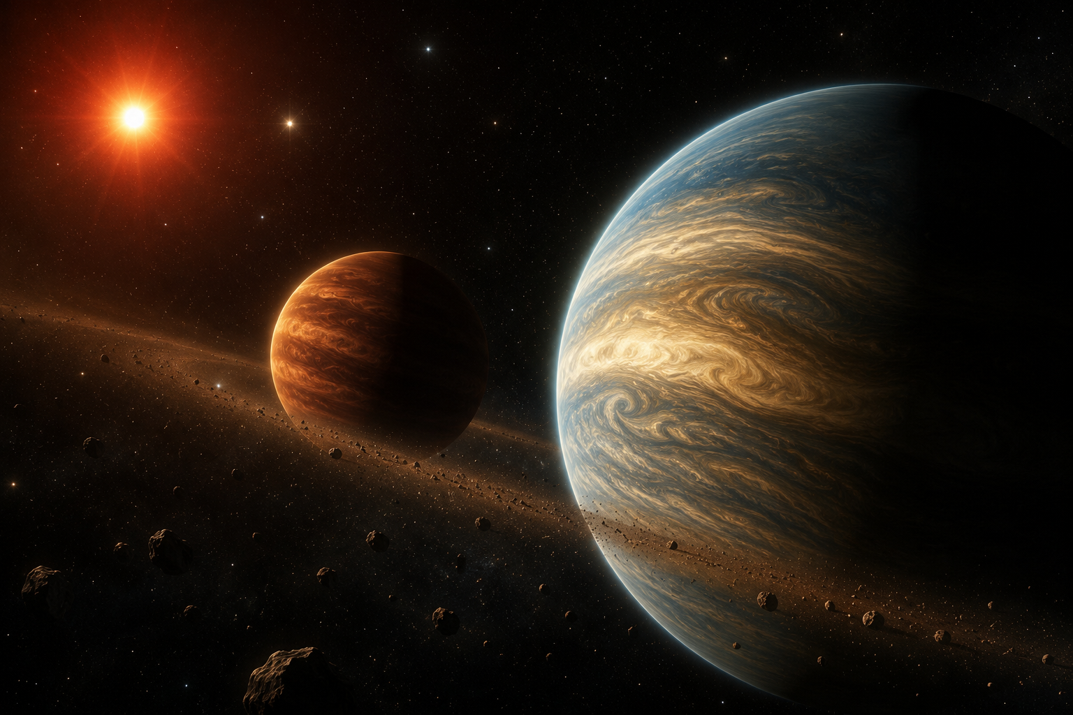 Künstlerische Darstellung eines ungewöhnlichen Planetensystems mit einem Braunen Zwerg und einem massereichen Begleiter